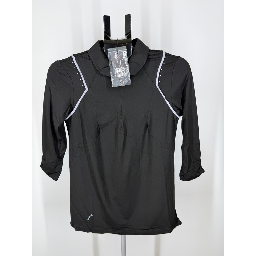 SwingDish Womens Black 3/4 Sleeve Golf Polo Top Rhinestone Accents Size M NWT